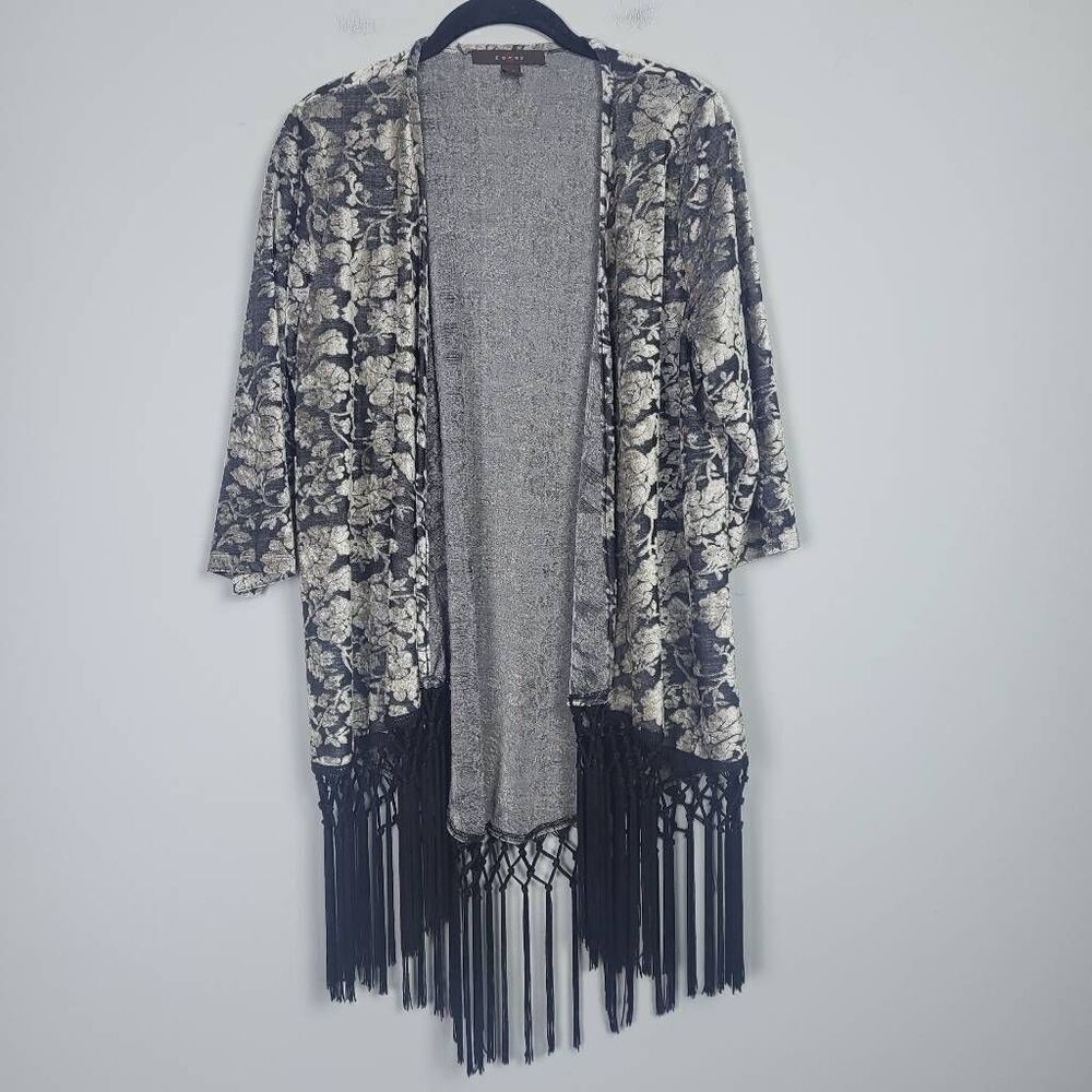 Fever Womens Floral Velvet Burnout Fringe Cardigan Black Large Whimsigoth Witchy